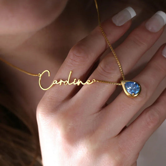 Signature Name Necklace Elegant Blue Stone