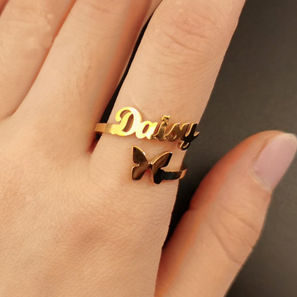 Adjustable Ring With Signature Name and Butterfly