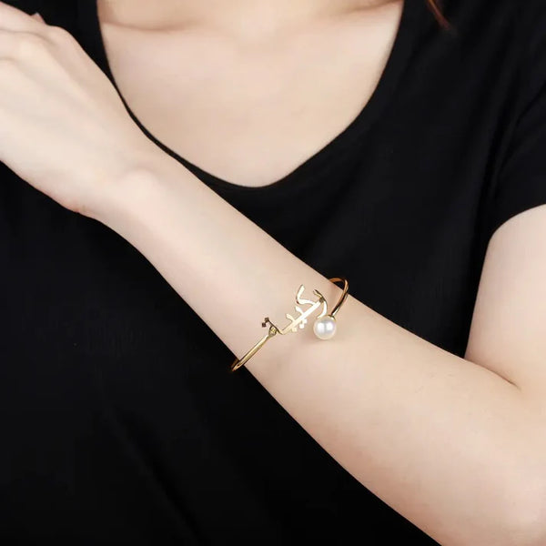 Custom Name Bangle Bracelet with White Stone