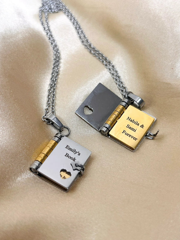 Mini Book Pendant Necklace with Custom Engraved Message