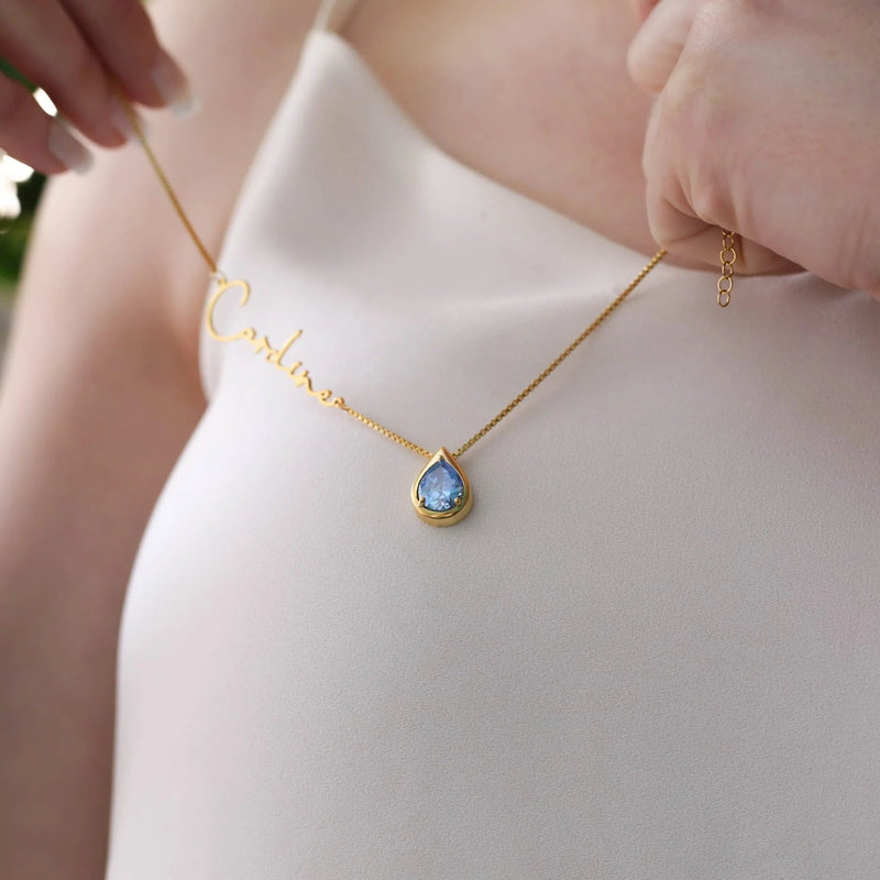 Signature Name Necklace Elegant Blue Stone