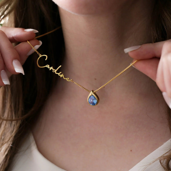 Signature Name Necklace Elegant Blue Stone